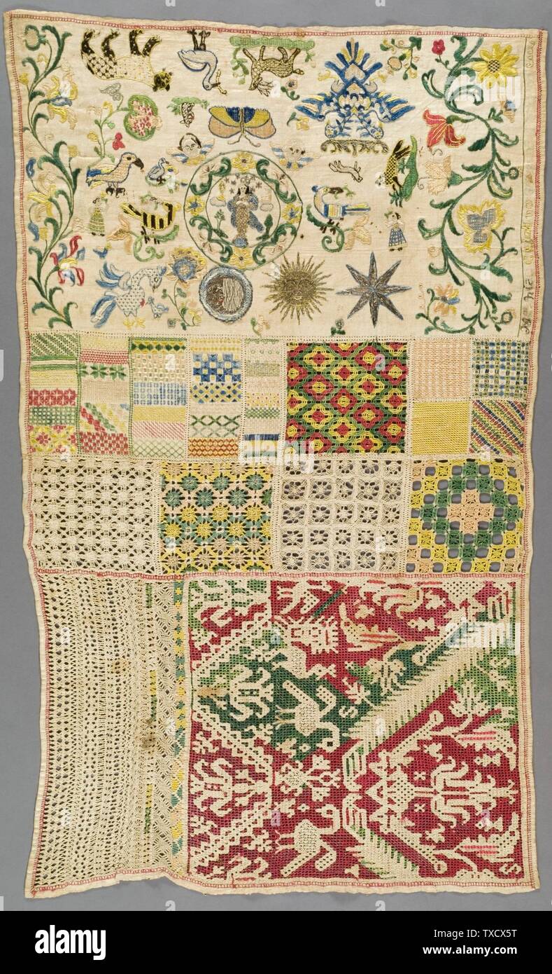 Sampler; Mexico, circa 1785 Textiles; bordado tejido liso de lino con  bordado de hilo metálico y seda, trabajo dibujado y encaje de aguja de 39 x  24 pulg. (99.06 x 60.96 cm)