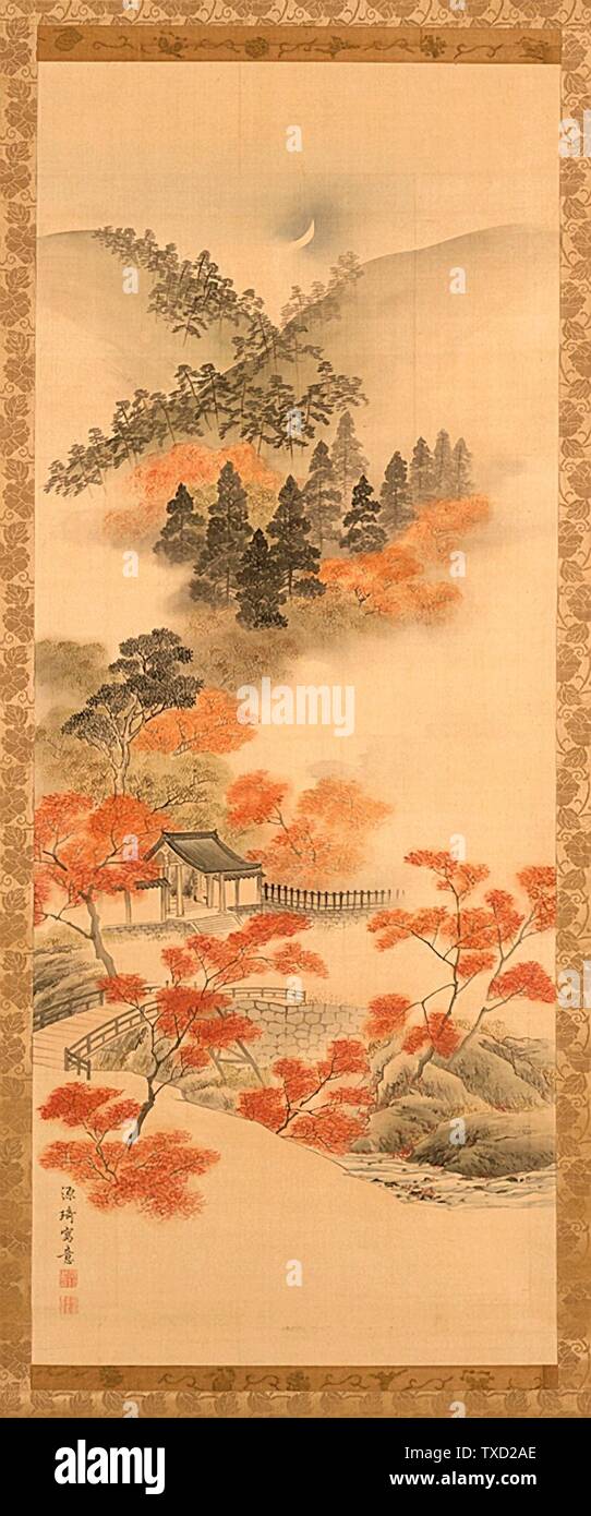 Nieve, Luna y Flores: Flores de cerezo en Arashiyama; nieve en Kiyomizudera; Maples at Takao (imagen 2 de 3); Japón, siglo XVIII Pinturas; rollos tríptico de pergaminos colgantes; tinta y colores en seda Imagen: Aprox. 48 1/2 x 19 1/2 pulg. (123.1 x 49.5 cm) cada uno; montaje de aprox. 81 1/2 x 24 3/4 pulg. (207 x 62.8 cm) Regalo de Murray Smith (M.91.148.2a-c) Arte japonés; fecha del siglo XVIII QS:P571,+1750-00-00T00:00:00Z/7; Foto de stock