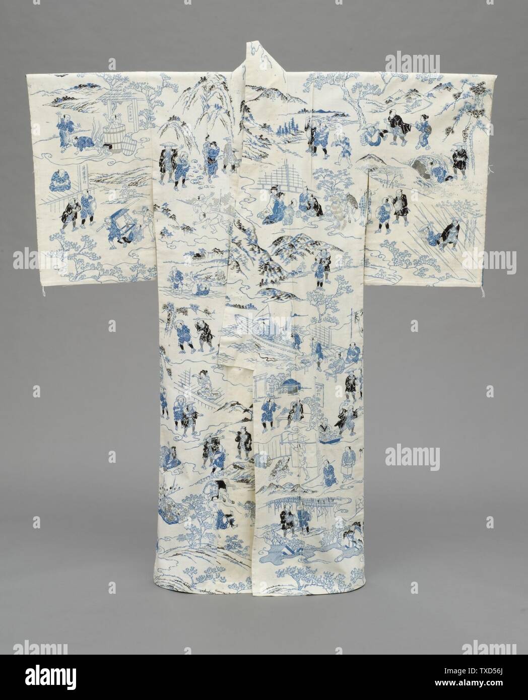Kimono de verano (Yukata) con ilustraciones de la novela de 1802 'Hizakurige' (la Mare de Shank) de Ikku Jipensha (1765-1831) (imagen 1 de 9); Japón, período Edo, trajes de principios del siglo XIX; ropa principal (cuerpo entero) tejido liso de algodón, pasta estenvuelta-resistente teñido (katazome); crepe de seda (forro de espalda): 55 1/2 hombres. (140.97 cm) Fondo de desadhesión de vestuario y textiles (M. 38.37.6) Traje y textiles; Principios del siglo XIX; Foto de stock