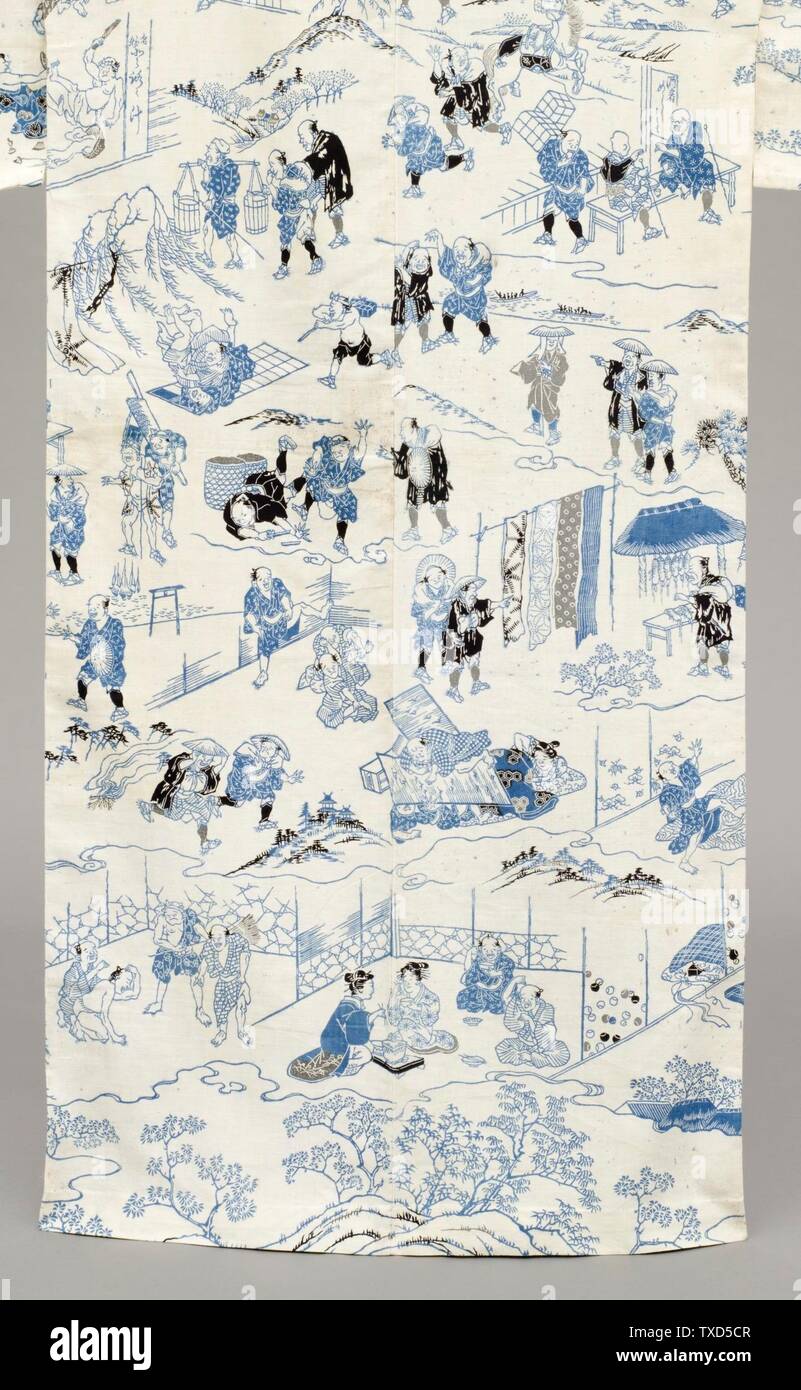 Kimono de verano (Yukata) con ilustraciones de la novela de 1802 'Hizakurige' (la Mare de Shank) de Ikku Jipensha (1765-1831) (imagen 2 de 9); Japón, período Edo, trajes de principios del siglo XIX; ropa principal (cuerpo entero) tejido liso de algodón, pasta estenvuelta-resistente teñido (katazome); crepe de seda (forro de espalda): 55 1/2 hombres. (140.97 cm) Fondo de desadhesión de vestuario y textiles (M. 38.37.6) Traje y textiles; Principios del siglo XIX; Foto de stock