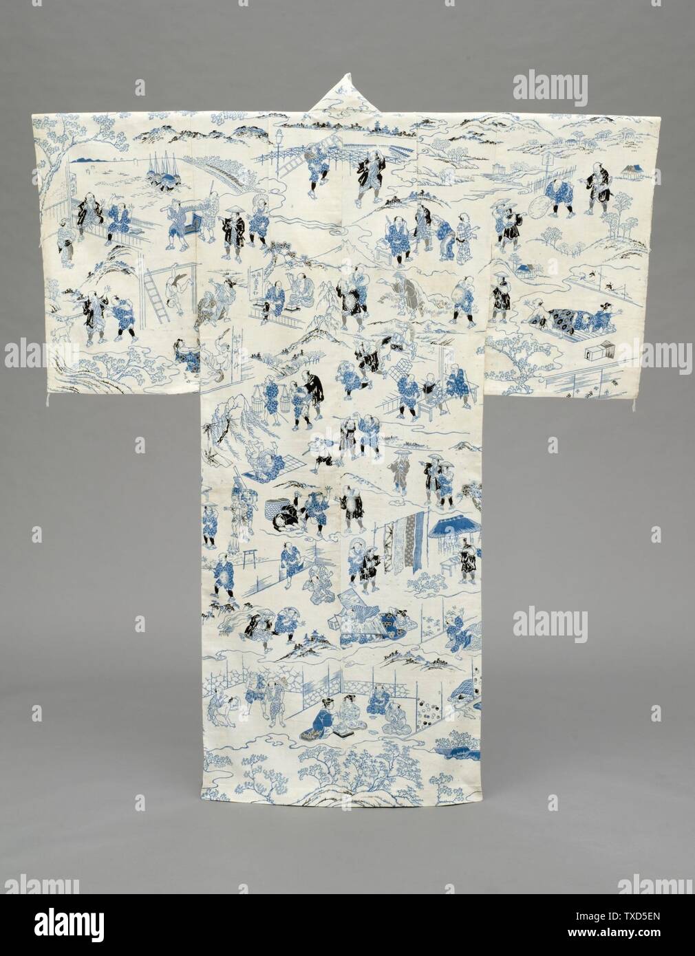 Kimono de verano (Yukata) con ilustraciones de la novela de 1802 'Hizakurige' (la Mare de Shank) de Ikku Jipensha (1765-1831) (imagen 5 de 9); Japón, período Edo, trajes de principios del siglo XIX; ropa principal (cuerpo entero) tejido liso de algodón, pasta estenvuelta-resistente a la tintura (katazome); crepe de seda (forro del centro en 55 1/2). (140.97 cm) Fondo de desadhesión de vestuario y textiles (M. 38.37.6) Traje y textiles; Principios del siglo XIX; Foto de stock
