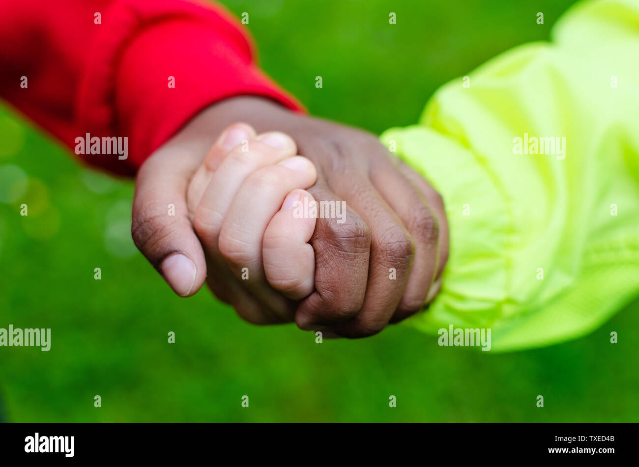 Dos niños de diferentes razas tomados de las manos juntas. La foto muestra la amistad, la igualdad y la diversidad. Uno caucásico el otro es oscuro (negro). Foto de stock