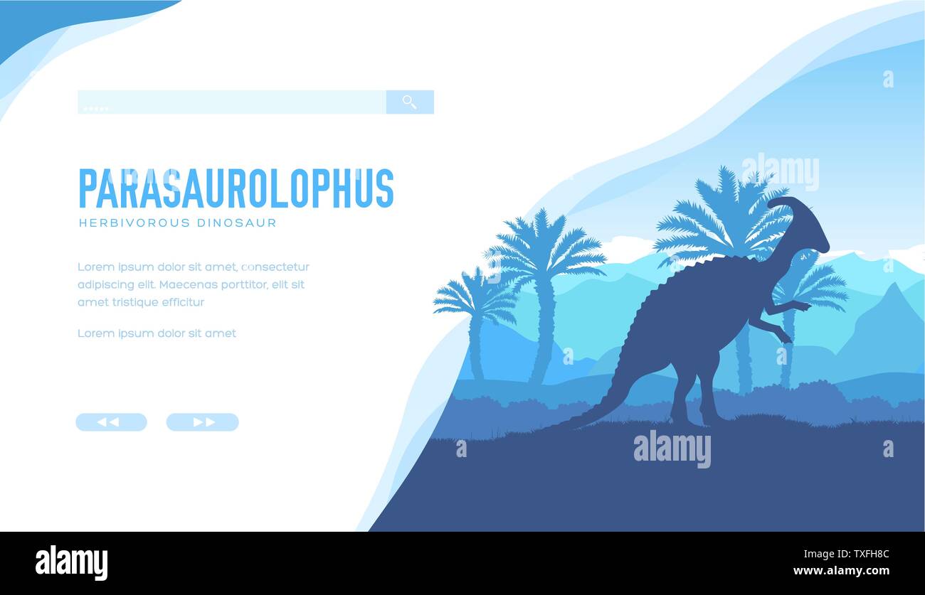 Parasaurolophus vector plantilla de página de aterrizaje. Exposición arqueológica, paleontológica banner web design. Dinosaurios herbívoros sobre fondo de paisaje minimalista. Ilustración de animales prehistóricos Ilustración del Vector