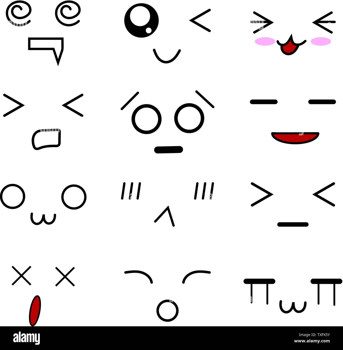Colección de dibujos animados rostros expresiones. Emoticonos en estilo  anime. Ilustración vectorial de emociones para su diseño, Juego, tarjeta  Imagen Vector de stock - Alamy