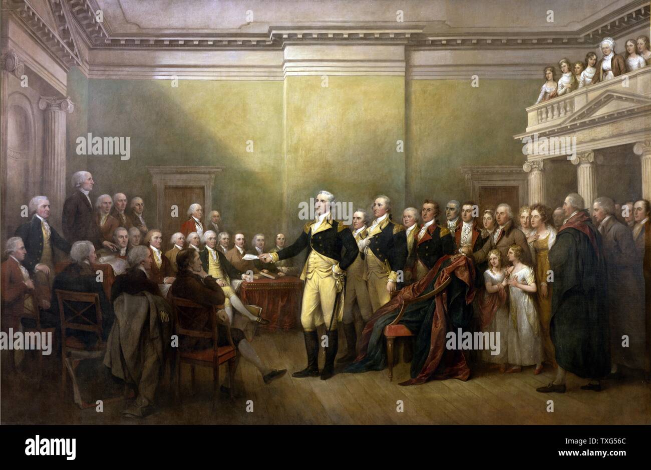 John Trumbull American School, el General George Washington renuncia a su posición como general el 23 de diciembre de 1793 al Congreso reunido en Annapolis Foto de stock