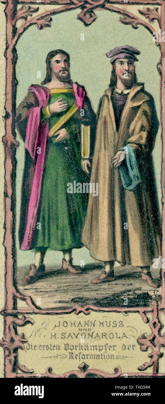 John Huss o Jan Hus, reformador religioso bohemio, izquierda, y Girolamo  Savonarola, Italiano hermano Dominicano, pioneros de la reforma religiosa.  Litografía de color Fotografía de stock - Alamy