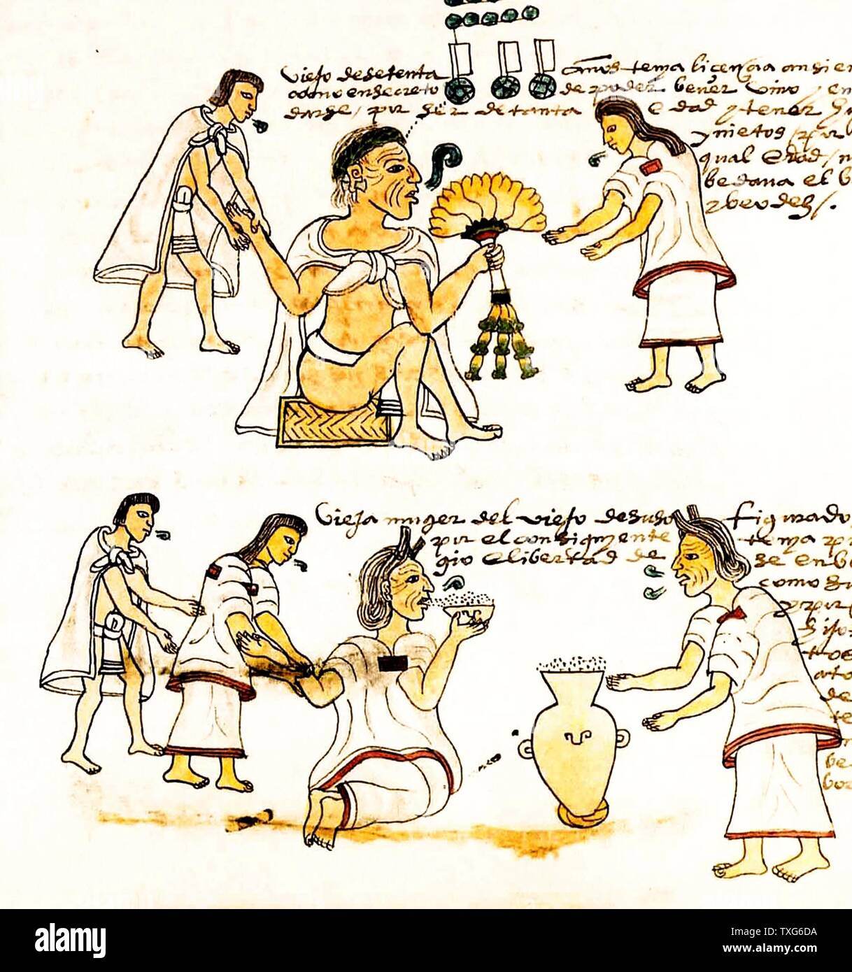 Una ilustración del códice Mendoza representando ancianos aztecas fumar y beber pulque El Codex Mendoza fue creado en 1553 después de la conquista española de México Foto de stock