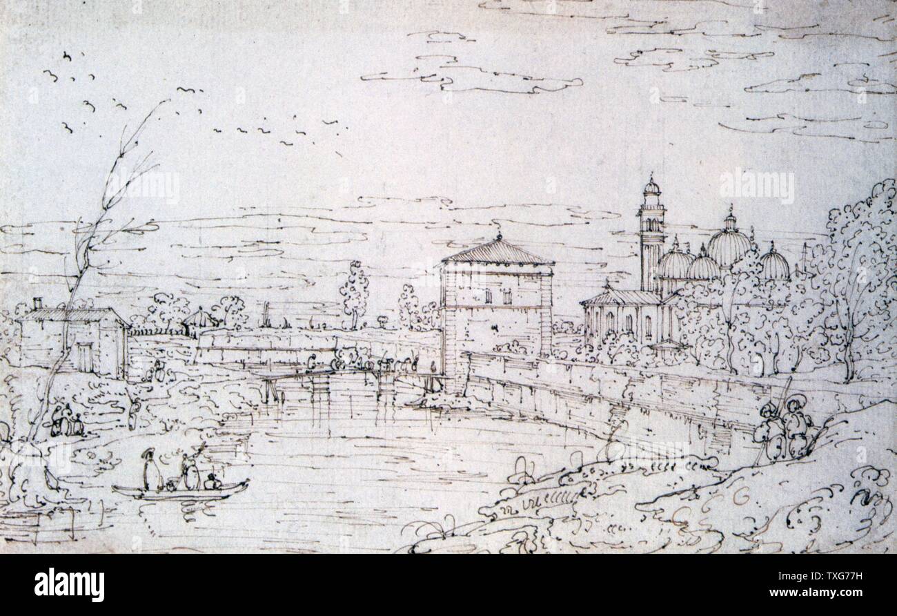 Bernardo Bellotta escuela italiana Vista de Padua con el Porta Pontecorvo y la iglesia de Santa Giustina bolígrafo, tinta negra y trazas de crayón. Foto de stock