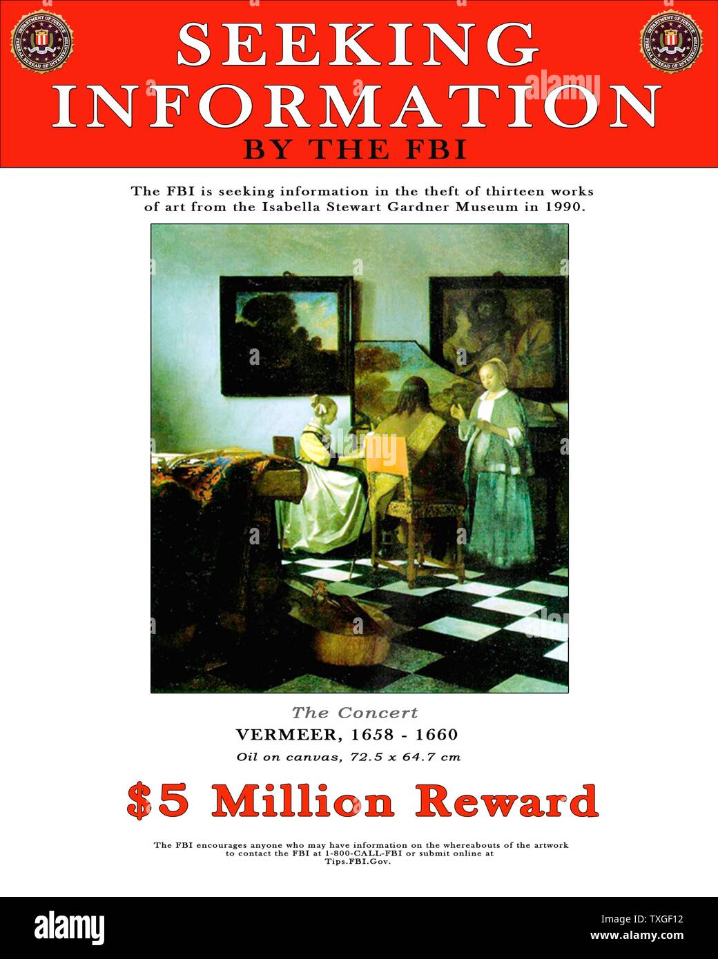 Póster del FBI ofreciendo una recompensa por información sobre el robo de arte de pinturas de Vermeer (incluido el trabajo), desde la Isabel Gardiner Art Museum en 1990. Foto de stock