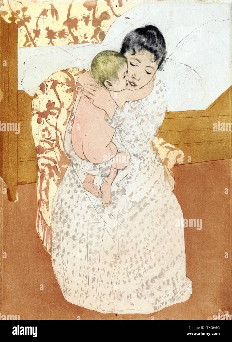 Caricia materna 1891;por Mary Cassatt 1844-1926, artista de color suave de la punta seca, aguafuerte y aguatinta, tierra Foto de stock