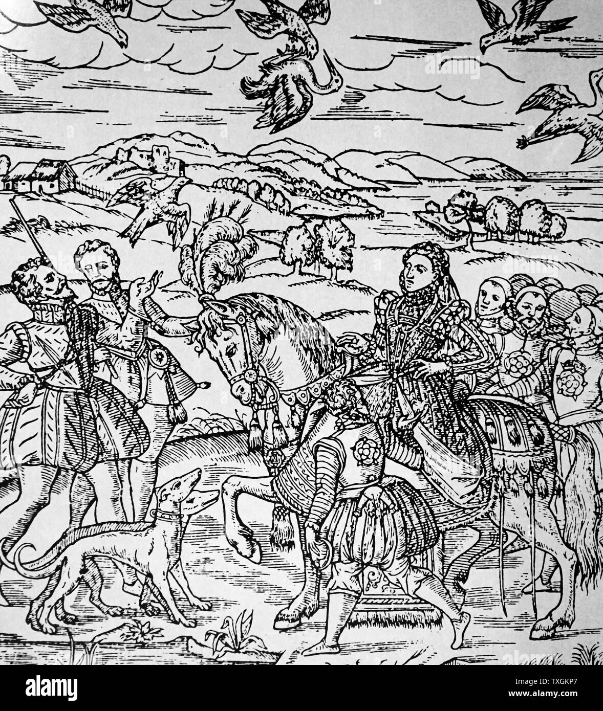 Grabado representando a la Reina Elizabeth I de Inglaterra (1533-1603) Hawking. Hawking es la caza salvaje de cantera en su estado natural y hábitat por medio de una formación de aves de rapiña. Fecha del siglo XVI. Foto de stock