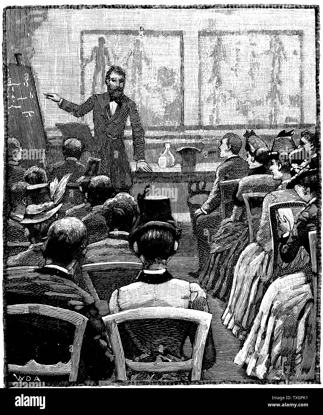Conferencia sobre la fisiología y la higiene en el progreso en la Asociación Cristiana de Jóvenes (YMCA) Exeter Hall, Londres. 1887 El grabado en madera Foto de stock