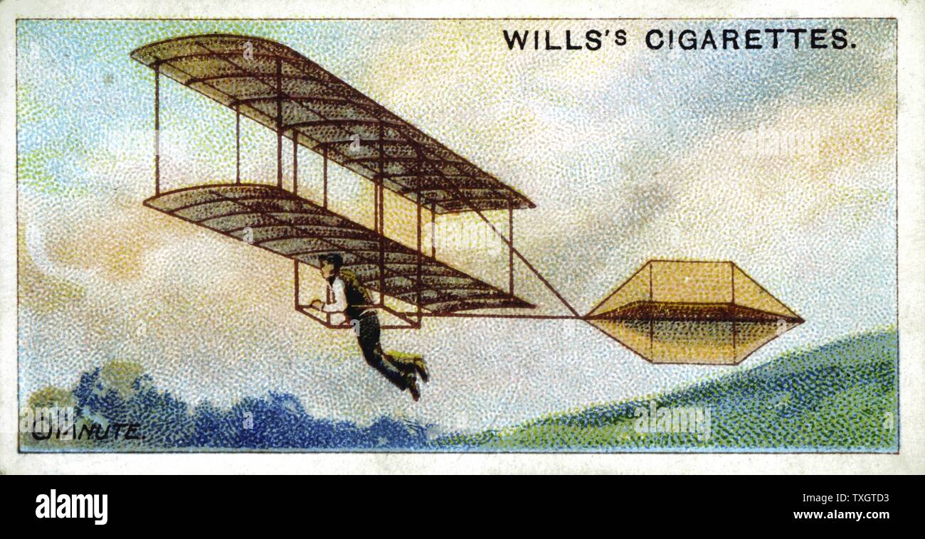 Planeador biplano de Octave Chanute (1832-1910), ingeniero estadounidense nacido en francés. Vuelo consigue ejecutando colina abajo hasta en el aire. Chanute y equipo comenzó en 1896 1910 Chromolithograph experimetns, del conjunto de tarjetas en la aviación Foto de stock