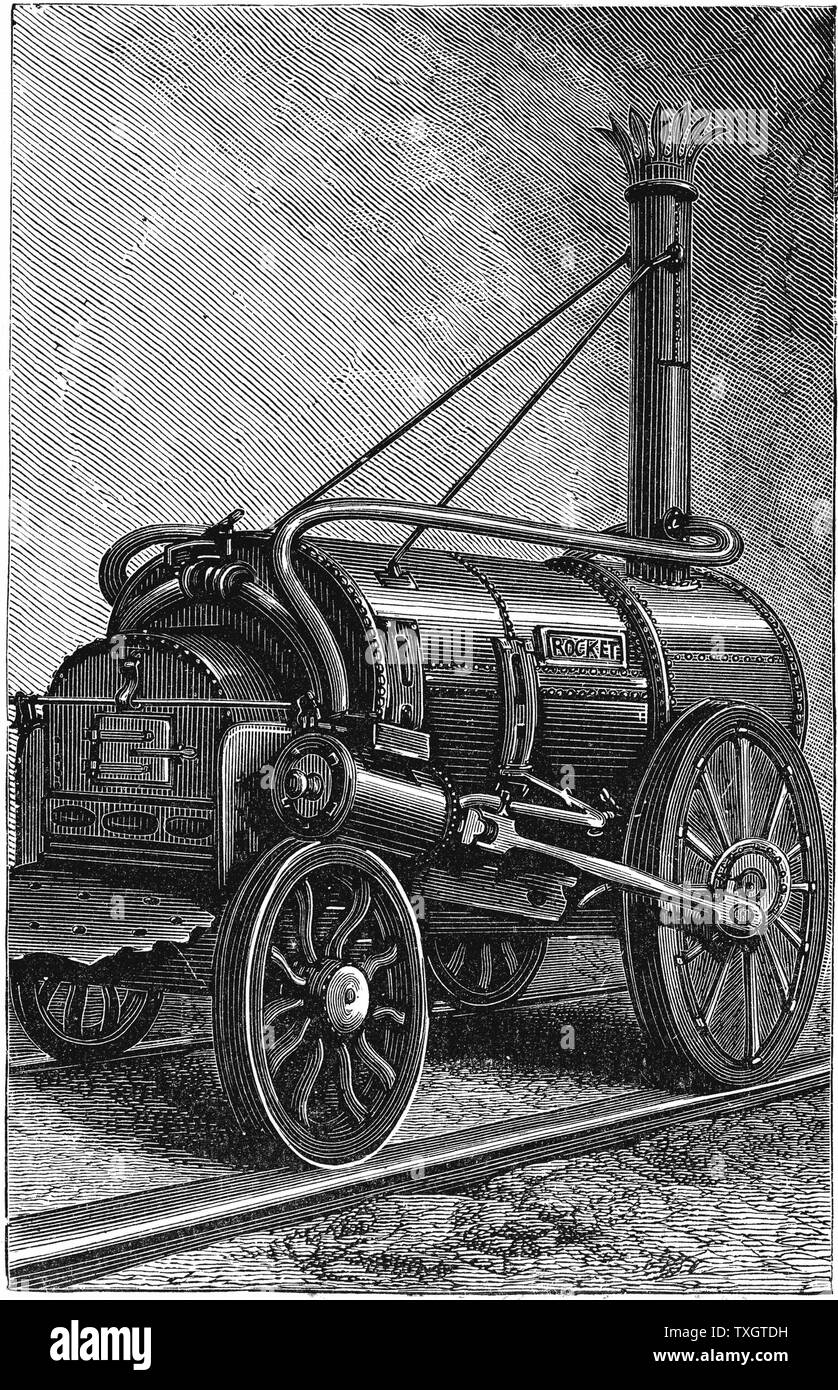 George Stephenson la locomotora "Rocket". El 11 de octubre de 1829 'Rocket' ganó el Rainhill Trials para el motor que se utilizará en el Liverpool a Manchester Railway, Inglaterra 1892 El grabado en madera Foto de stock