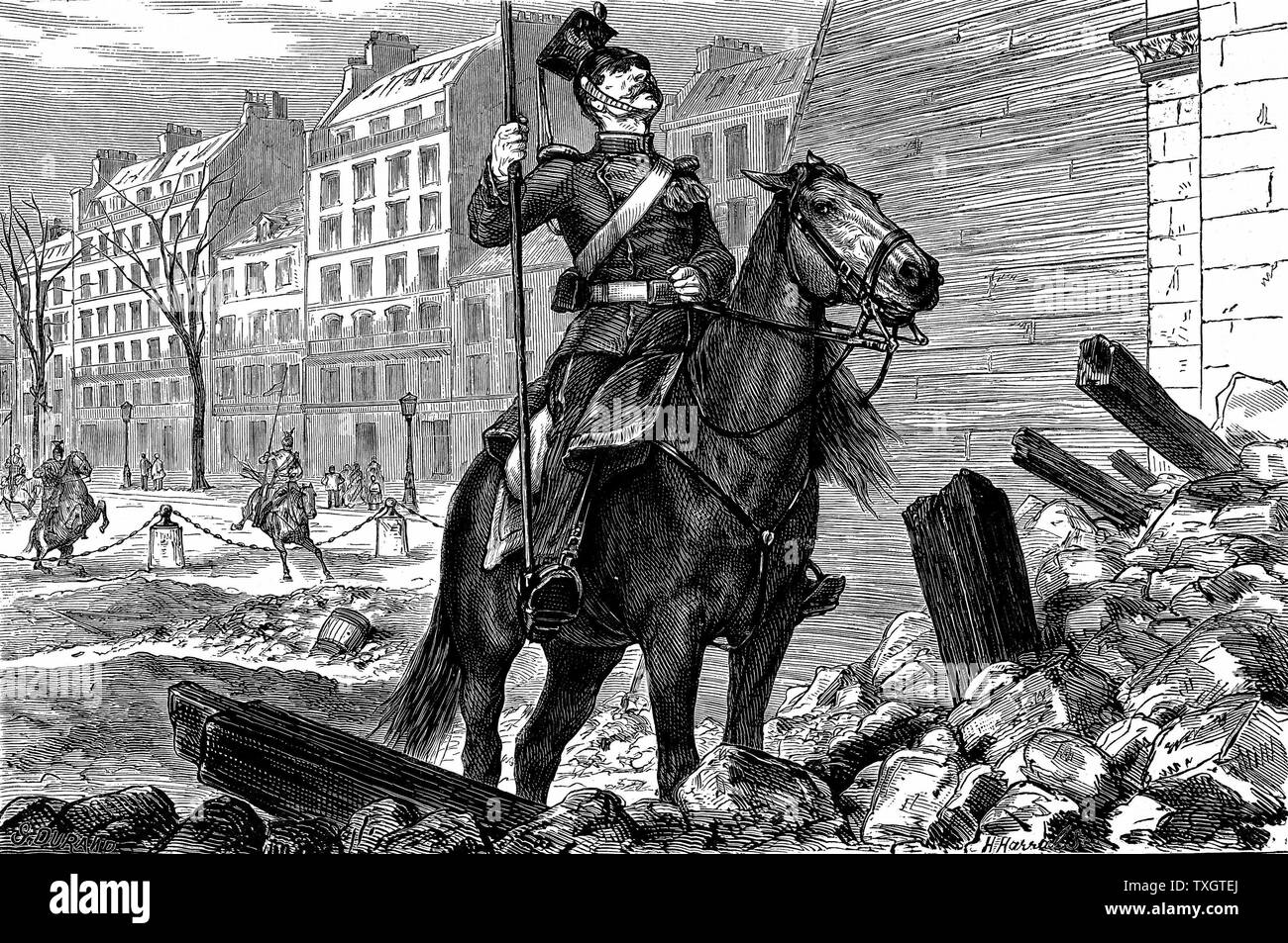 Guerra Franco-Prusiana 1870-71: la ocupación de París por las fuerzas alemanas - un Uhlan en el Arco de Triunfo. El grabado en madera, el 11 de marzo de 1871 Foto de stock