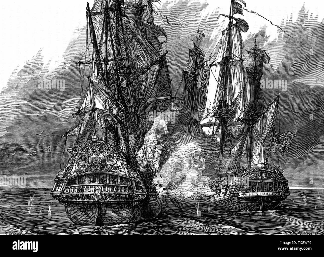 El almirante George Anson (1697-1762) comandante naval inglés, en el 'Centurion' (a la derecha) tomando el galeón español "Nostra Signora de Cabadonga' fuera de las Filipinas. Guerra de Jenkins del oído de 1739-48. Xilografía c.1895 Foto de stock