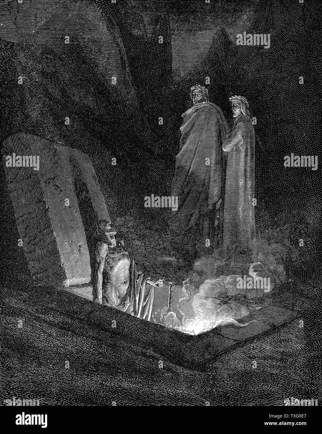 Dante Alighieri (1265-1321) poeta italiano: 'infierno' la primera parte de su "Divina Commedia" (Divina Comedia) ilustrada por Gustave Doré 1863. Canto X: Dante, manteniéndose cerca de su guía Virgilio, mira uno de los pecadores en el infierno en sus tumbas abiertas. Grabado en madera Foto de stock