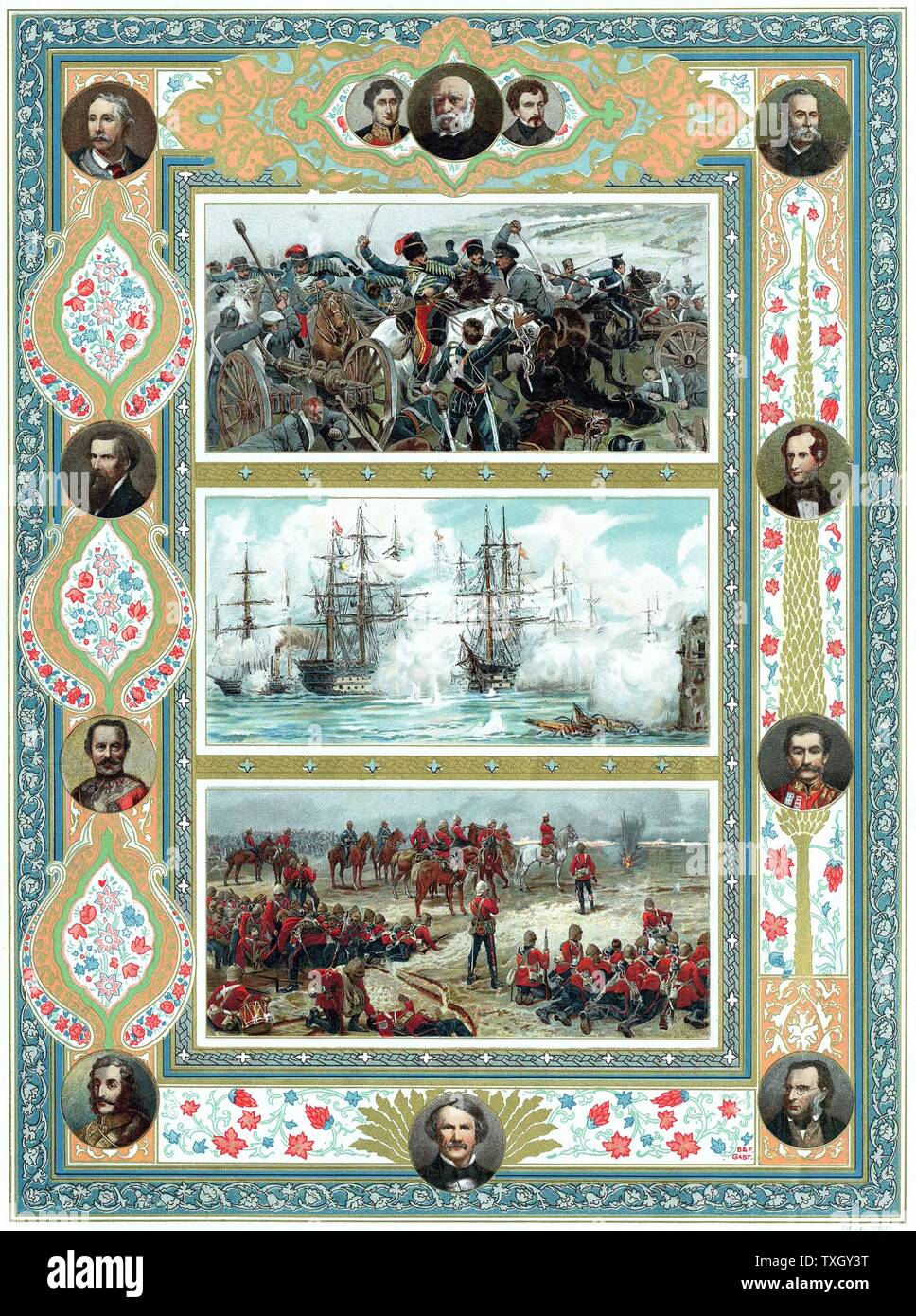 Guerra de Crimea: superior: Batalla de Inkerman el 5 de noviembre de 1854 Oriente: el bombardeo de Sebastopol en 1854-1855 inferior: Batalla de Tel-el-Kebiron Septiembre 13, 1882 Oleograph Foto de stock
