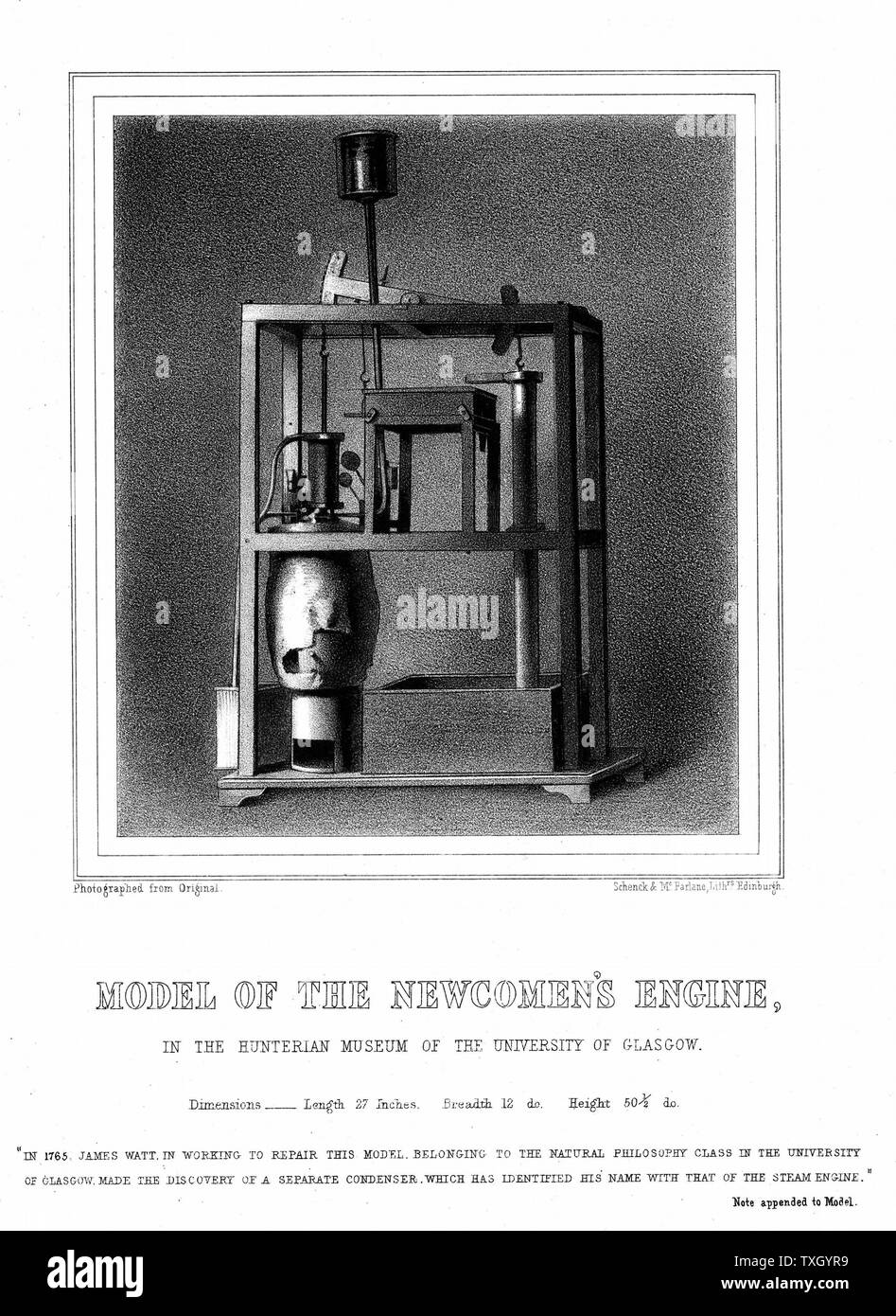 Modelo de Newcomen motor a vapor. Fue mientras la reparación de este motor que Watt se dice haber inventado el condensador separado. Desde George Williamson 'Memorials de James Watt' de 1856. Litografía Foto de stock