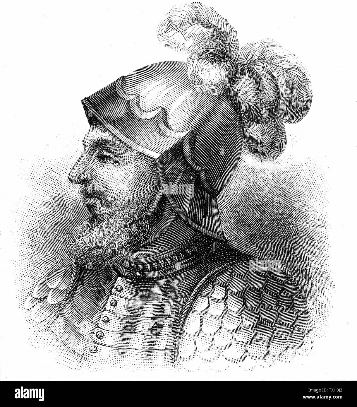 Vasco Núñez de Balboa (1475-1529) explorador español; fundada colonia en Darién. Primer europeo en avistar el Océano Pacífico. Grabado publicado a finales del siglo XIX. Foto de stock