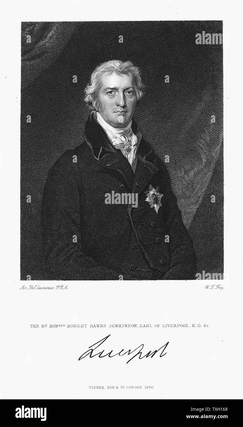 Robert Banks Jenkinson, Conde de Liverpool (1770-1828) estadista británico. Primer Ministro desde 1812, durante casi 15 años. Grabado. Foto de stock