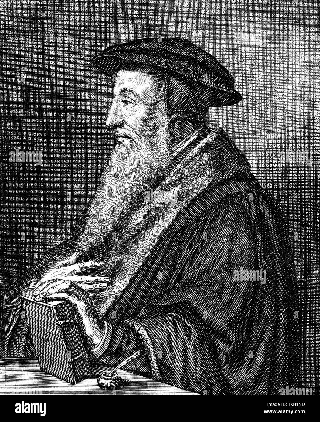Juan Calvino (1509-1564) Teólogo francés. El reformador protestante. Se radicó en Ginebra y fue figura destacada en la Reforma Protestante. Dio su nombre a la forma estricta del protestantismo, el calvinismo. Copperplate grabado por Konrad Meyer (1616-1689) de se Foto de stock