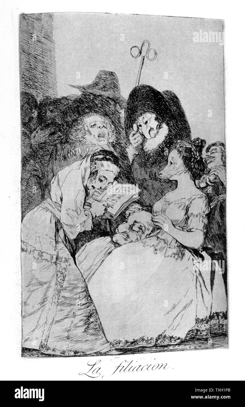 Francisco de Goya (1746-1828) Escuela de Español Lámina 57 de Los Caprichos: 'La Filiacion" 1799 Grabado de 'Los Caprichos' Foto de stock