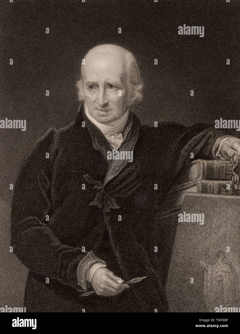 Benjamin West (1738-1820) americano nacido pintor británico afincado en Londres en 1763. Como retratista, cambió la tradición de representar sitters en traje clásico, mostrándolas en traje contemporáneo en su lugar. Grabado de 1830. Foto de stock