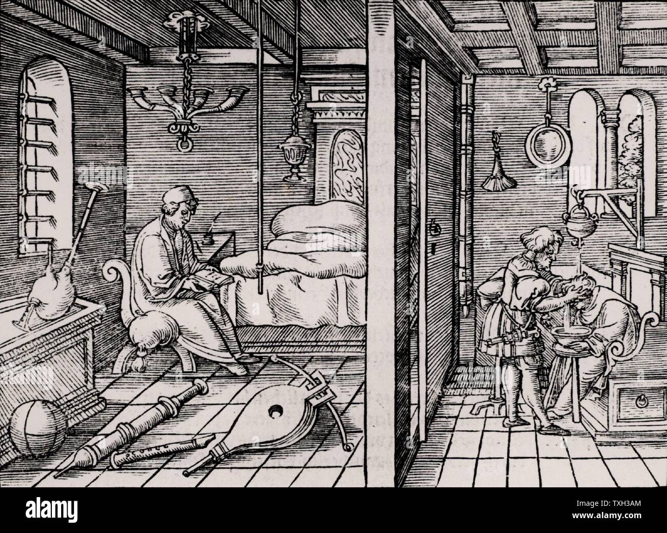 Ctesibius (Ktesibius) de Alejandría (285-222 .), matemático e inventor  griego que estudió la neumática. A la izquierda Ctesibius sienta en su  habitación rodeado por objetos que estudia, mostrando su interés por el