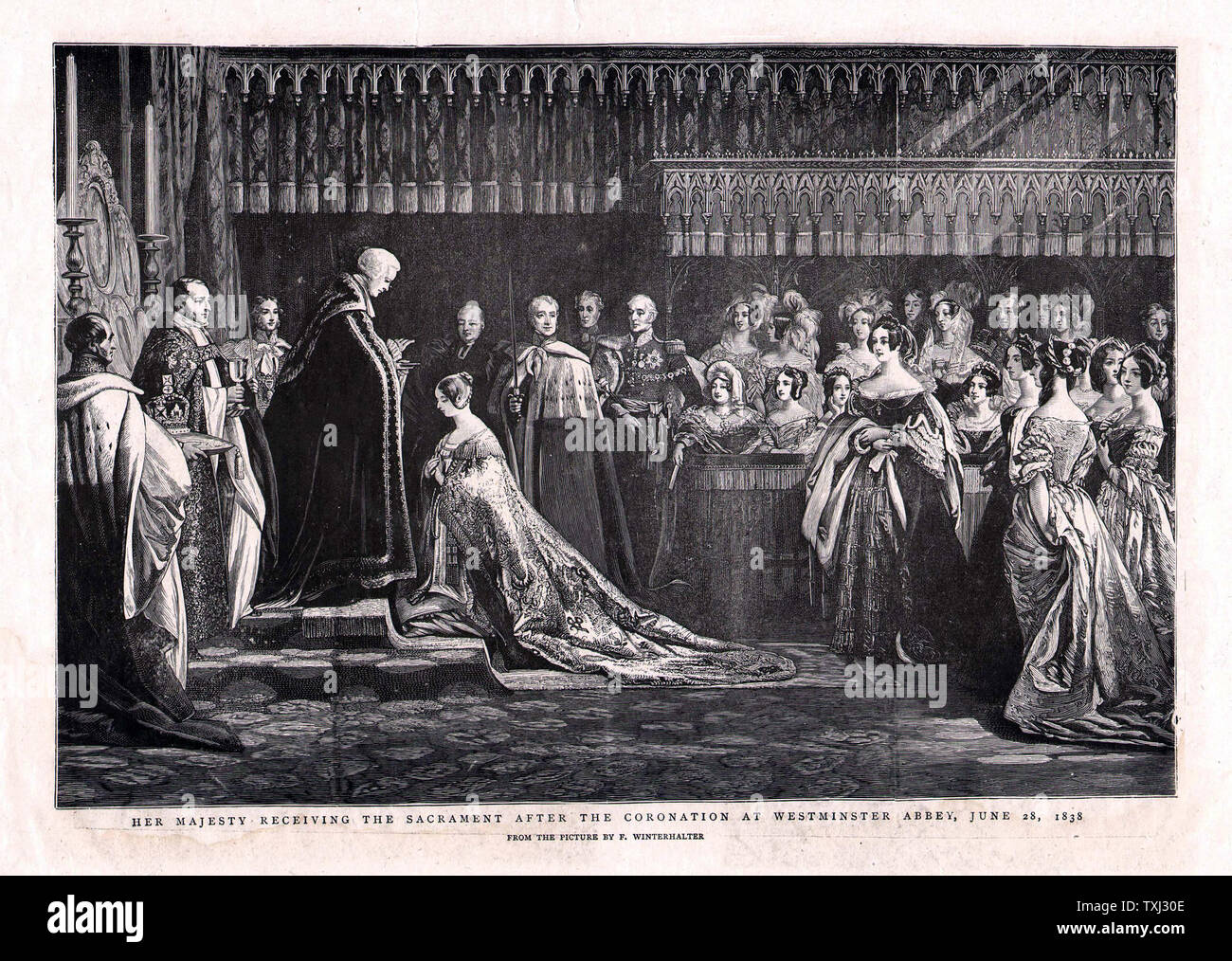 1901 La ilustración gráfica de la reina Victoria recibiendo la scarament después de la coronación en 1838 Foto de stock
