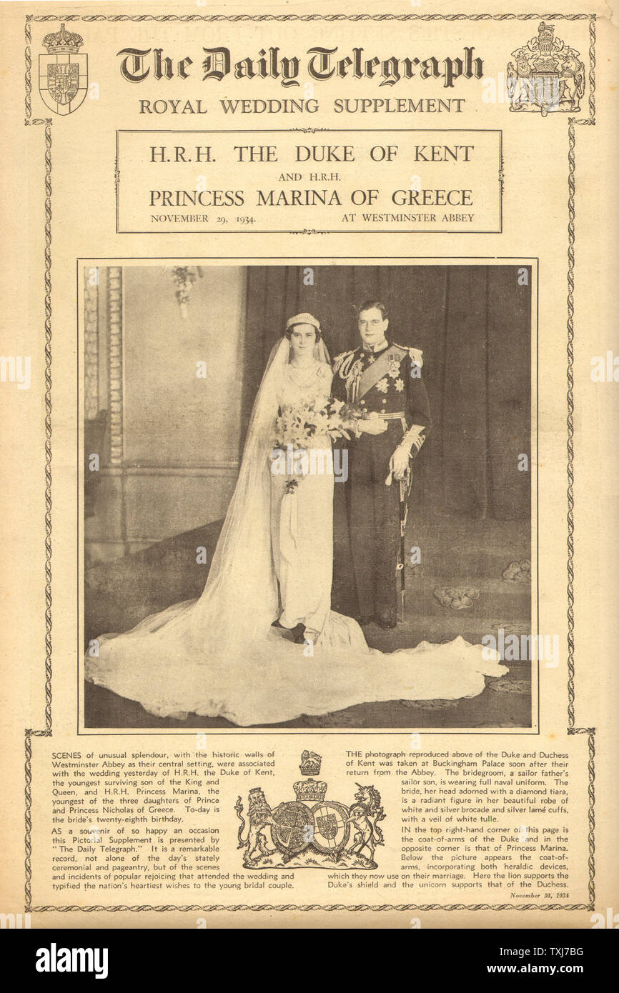 1934 Daily Telegraph Suplemento página frontal reporting Duque de Kent y la Princesa Marina de Grecia Boda Real Foto de stock