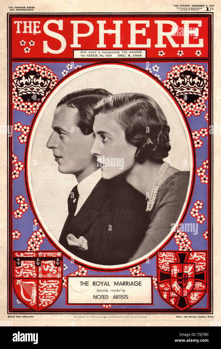 1934 La Esfera Royal Wedding Duque de Kent a Princess Marina Foto de stock