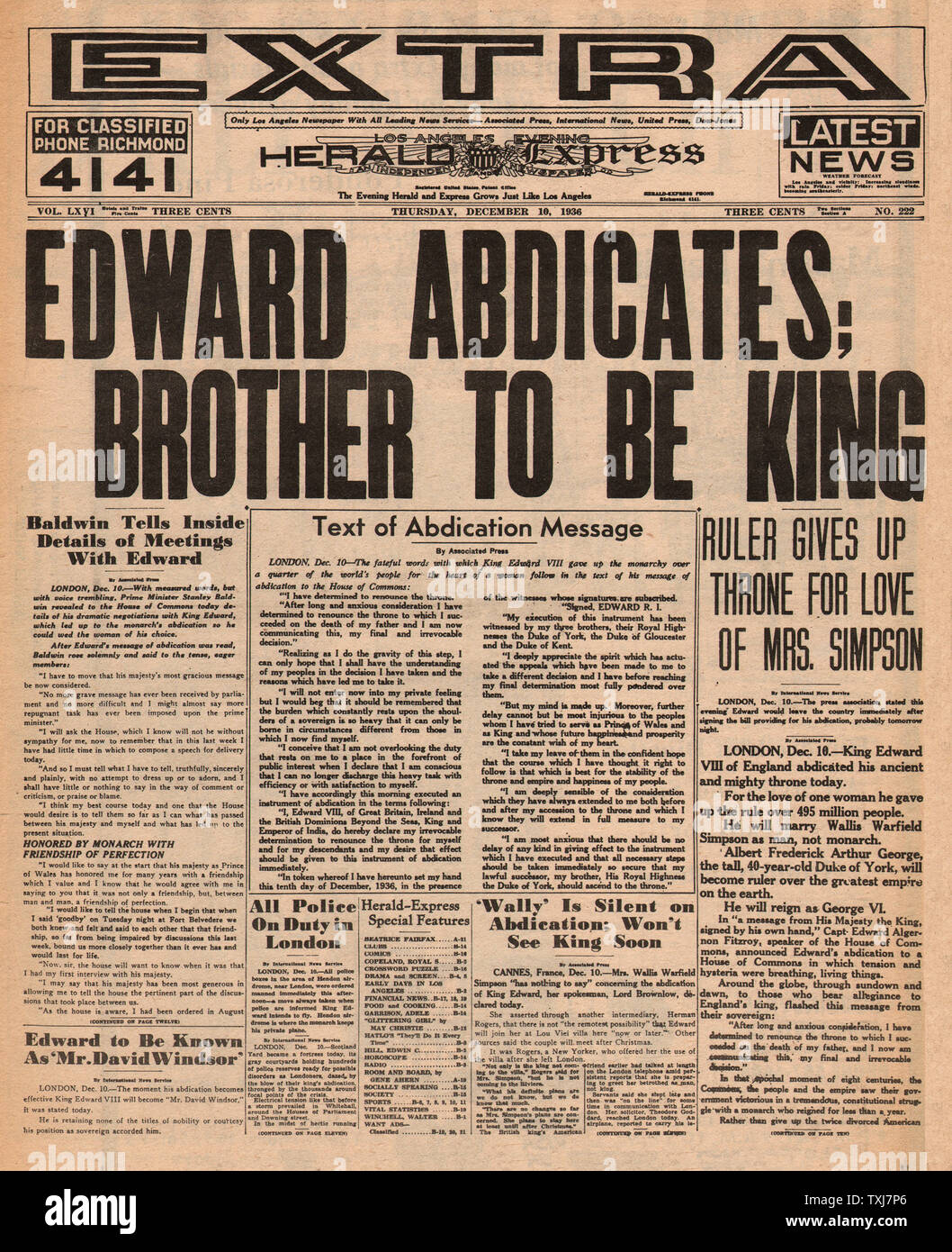 1936 Los Angeles Herald Examiner Front page abdicación del Rey Eduardo VIII Foto de stock