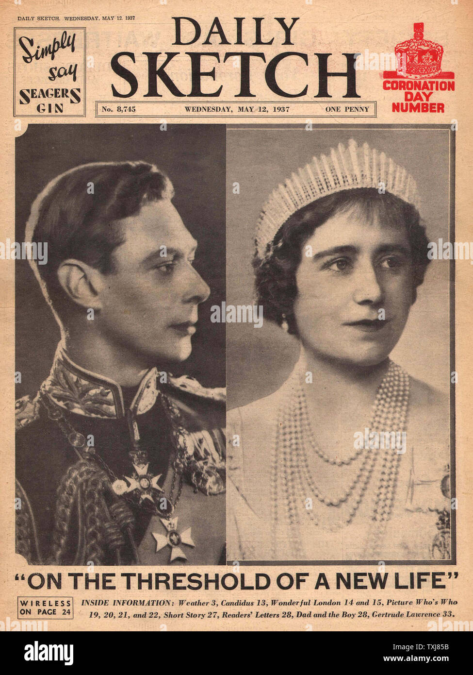 1937 Daily Sketch Front Page de la coronación del rey George VI Foto de stock