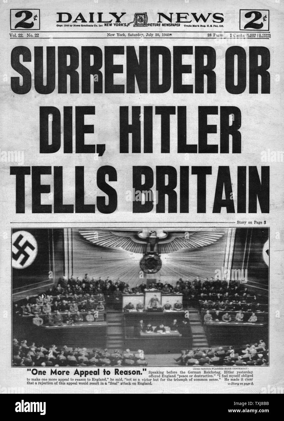 1940 Daily News Adolf Hitler apelar a la razón del discurso en el Reichstag Foto de stock