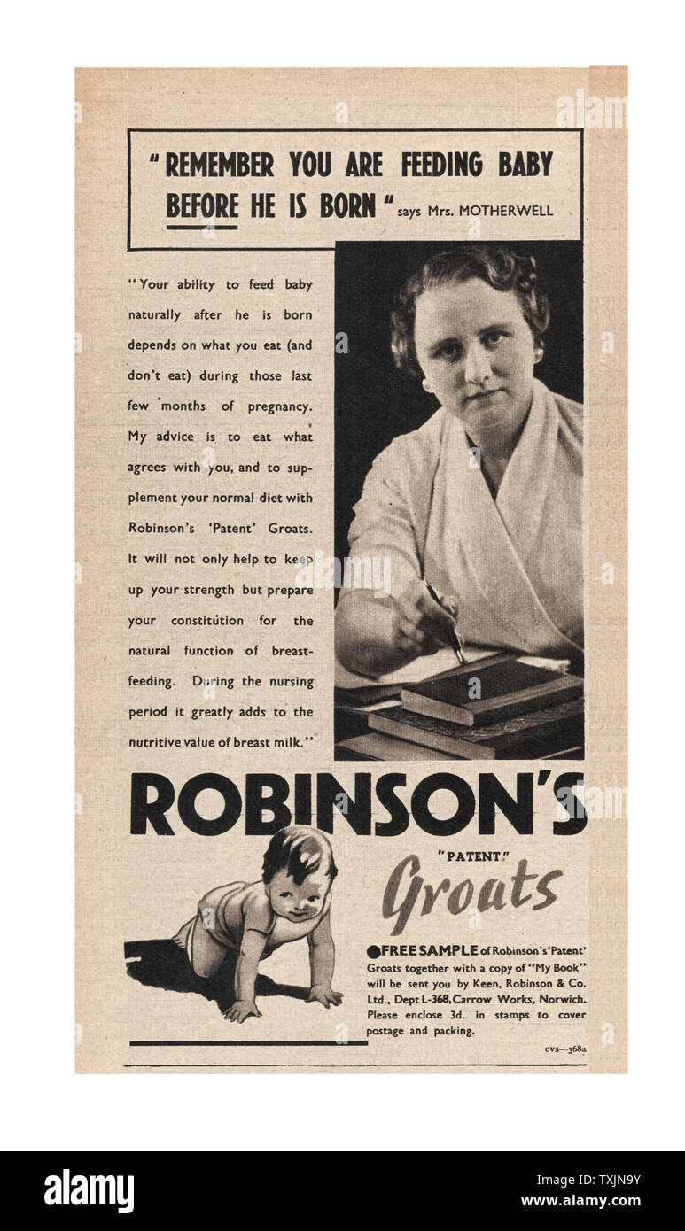 1940 La revista británica Robinson's Groats anuncio Foto de stock