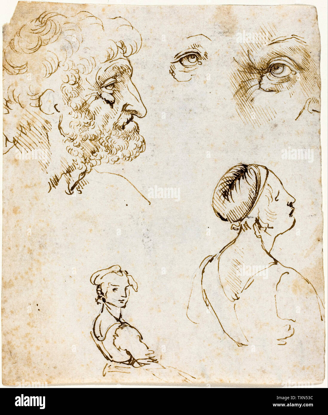 Leonardo Da Vinci, Hoja de estudios, dibujo, circa 1470 Foto de stock