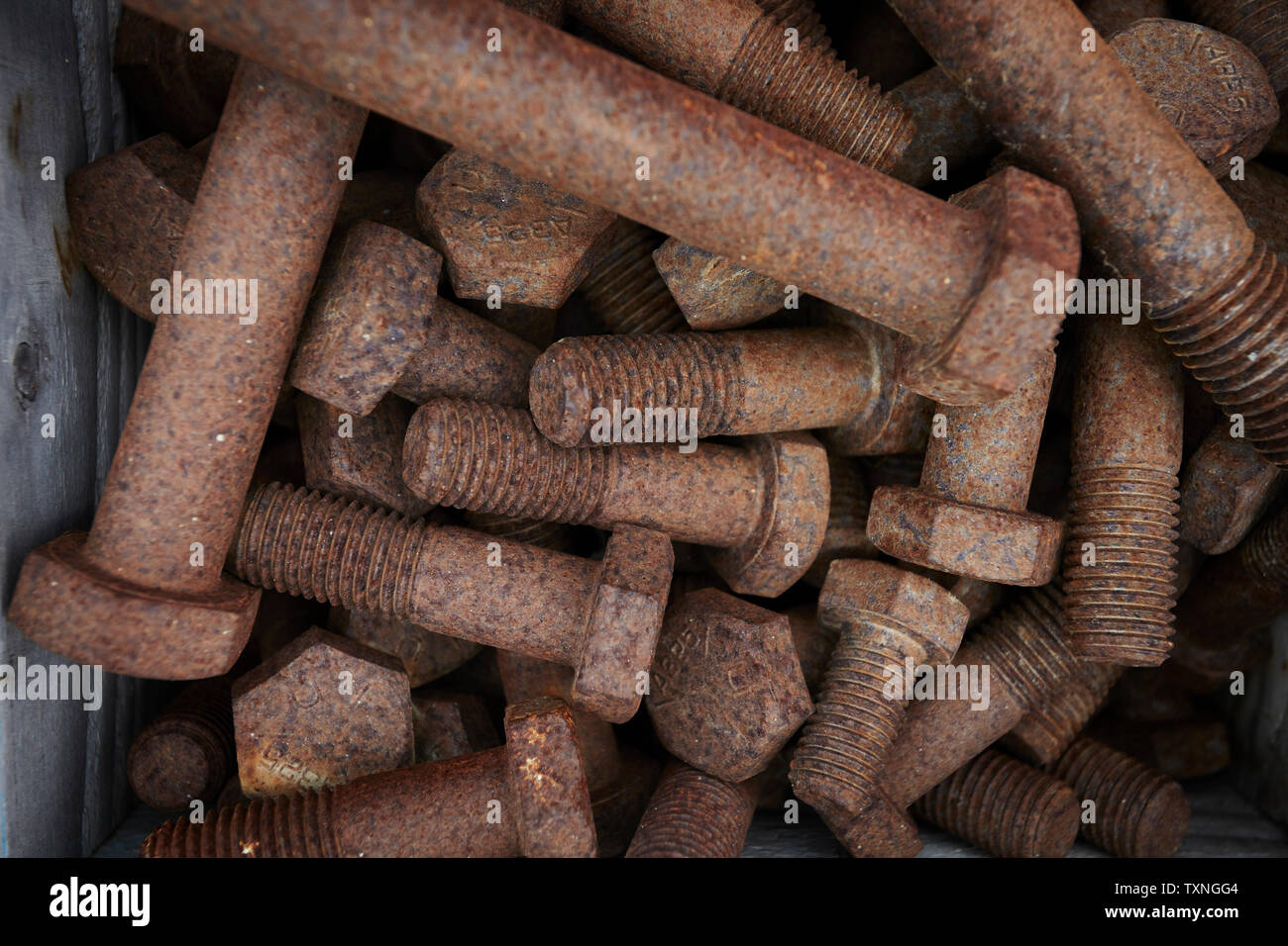 Tornillos oxidados en el sitio de construcción, sobrecarga de cerca Foto de stock