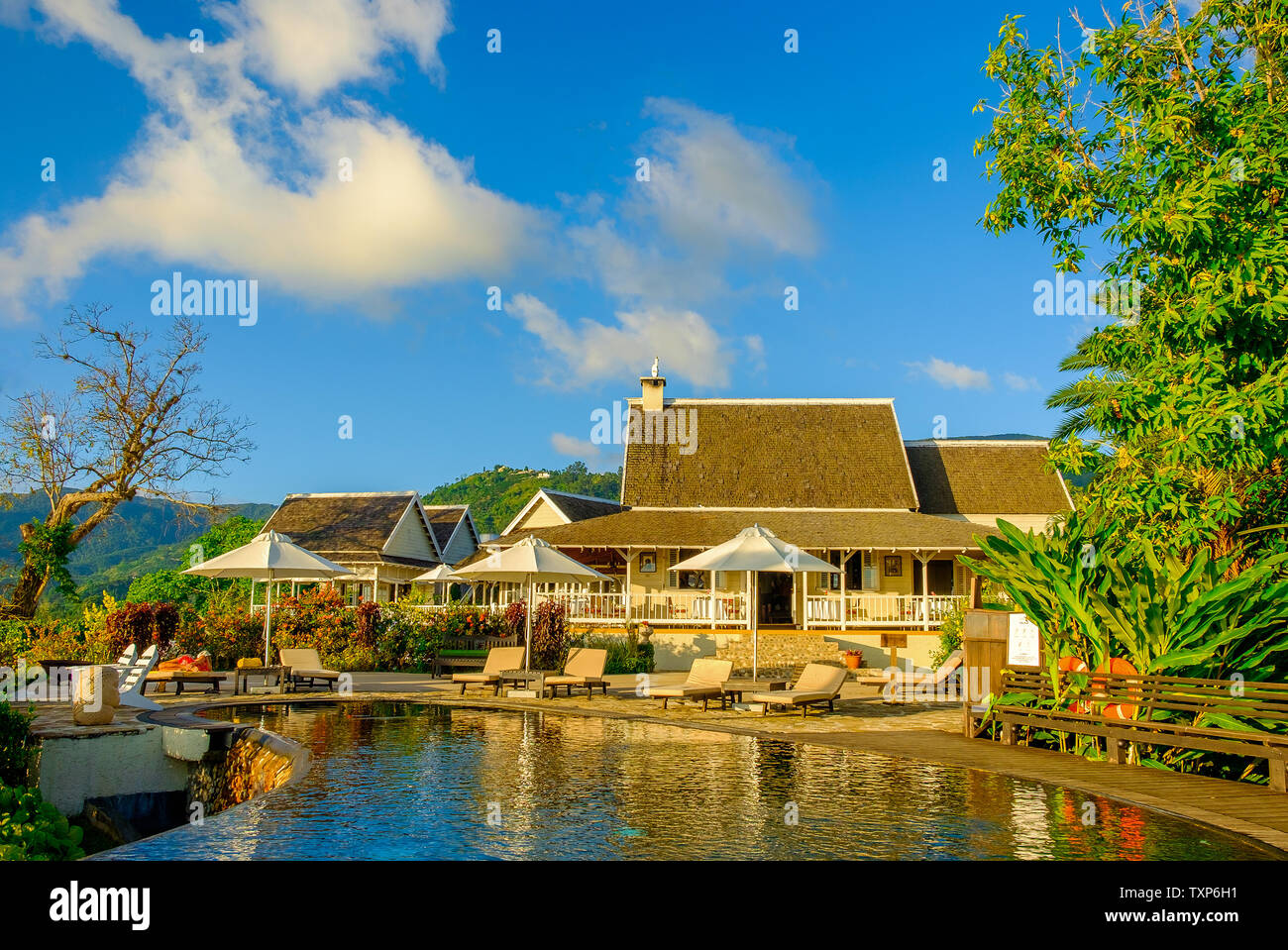 Las Blue Mountains, Jamaica, Dec 2018, Strawberry Hill Hotel Piscina al atardecer Foto de stock
