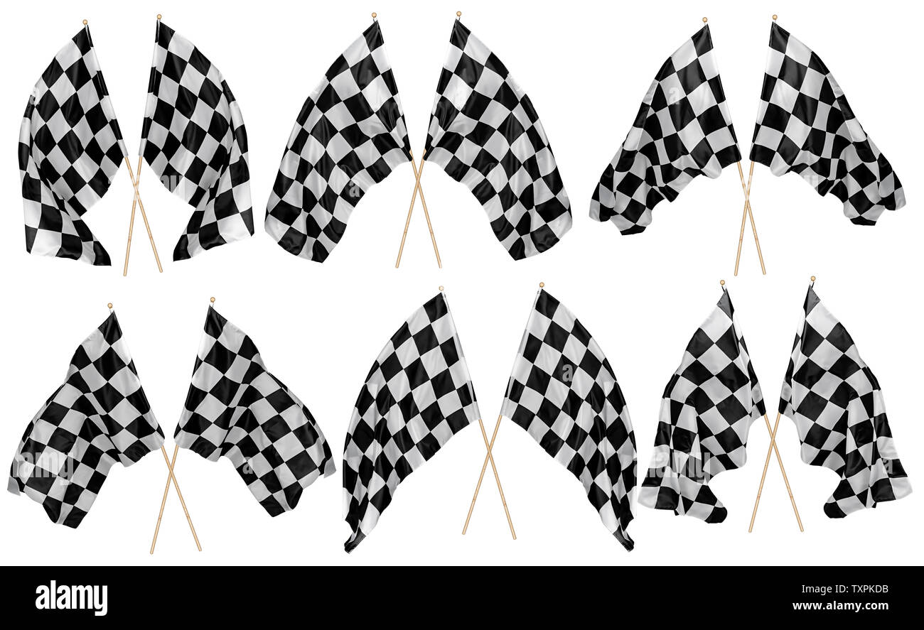 Colección ondeando cruzó Cruz bandera a cuadros en blanco y negro con vara de madera motorsport sport y el concepto de carreras de fondo aislado Foto de stock