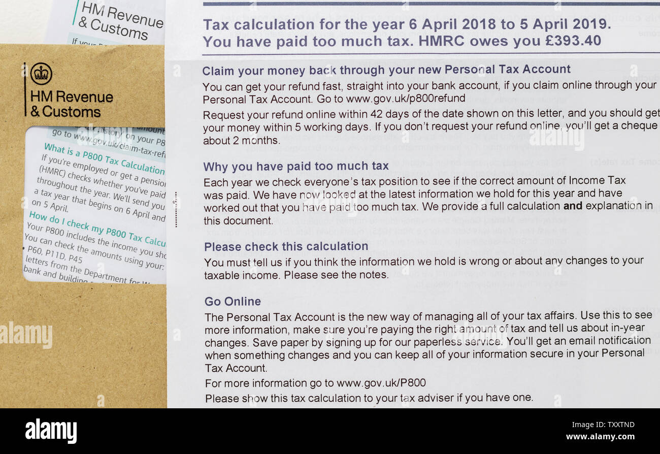 Londres/UK - El 25 de junio de 2019 - El HMRC carta sobre pago de  impuestos, con P800 información de cálculo de impuestos Fotografía de stock  - Alamy