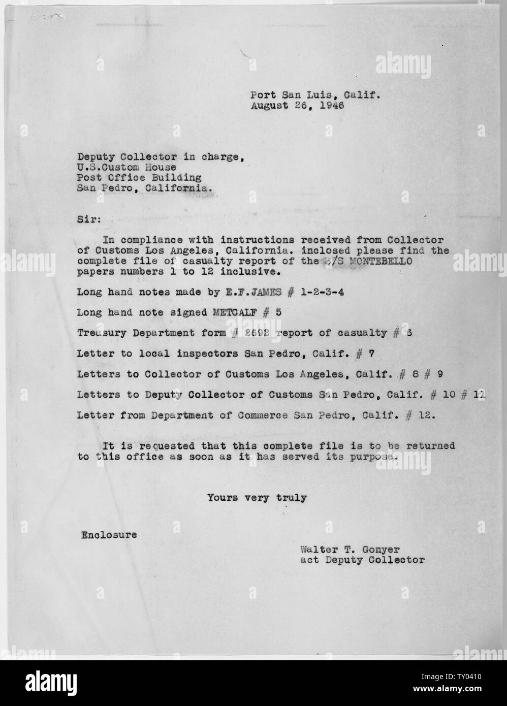 Carta De Presentacion De Documentos Transferidos Alcance Y Contenido Carta De Walter T Conyer Viceministro Interino De Recaudador De Aduanas Del Puerto De San Luis Obispo Transfiriendo El Archivo Completo En El