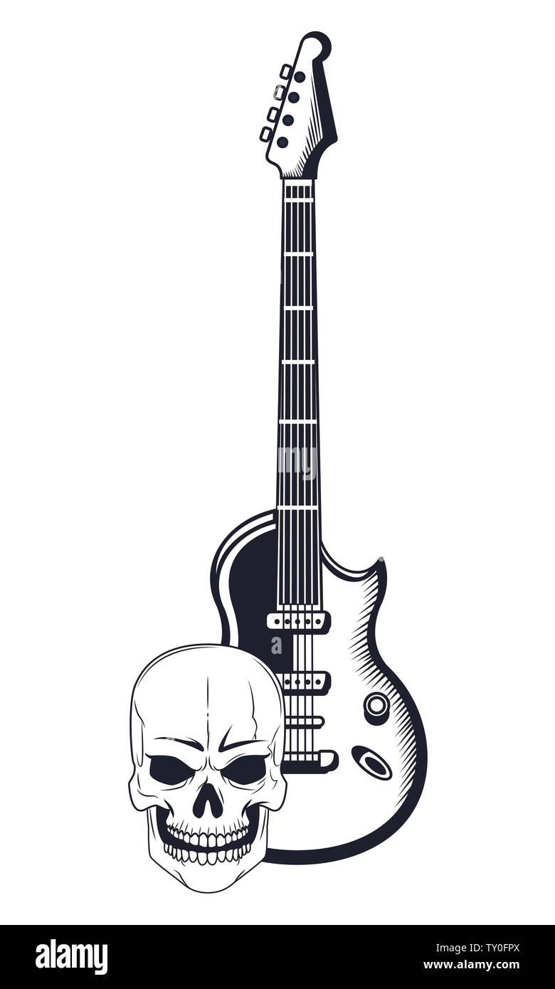 Guitarra eléctrica y cráneo dibuja icono tatuaje Imagen Vector de stock -  Alamy