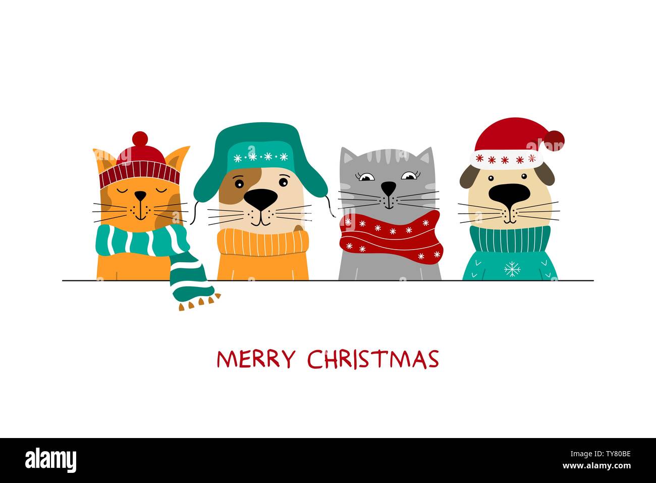 Feliz Navidad ilustración de gatos lindos y divertidos perros Imagen Vector  de stock - Alamy