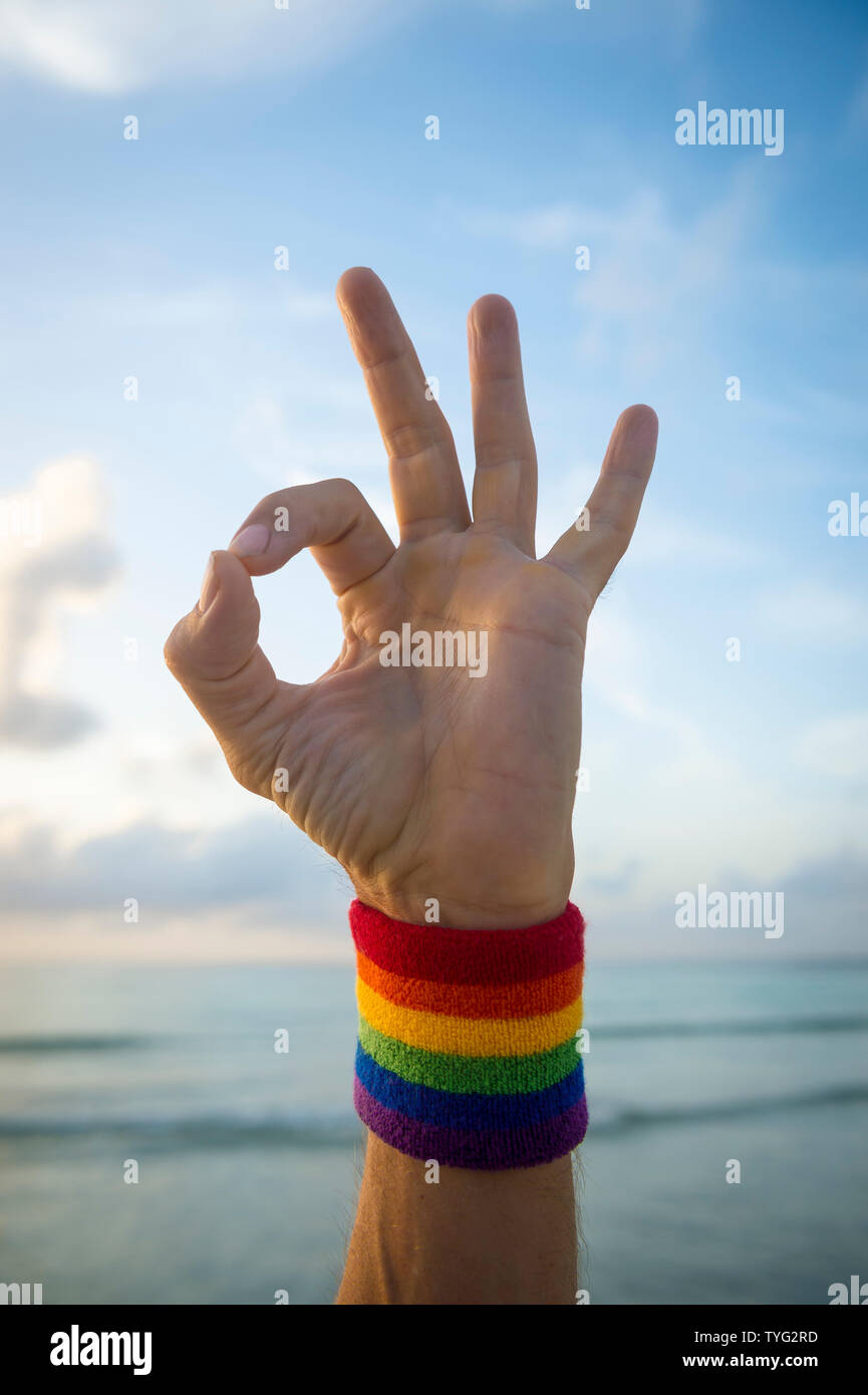 La mano del atleta dando aceptar firmar con los colores del arco iris del  orgullo gay contra la muñequera del horizonte suave calma el mar tropical  en la playa Fotografía de stock -