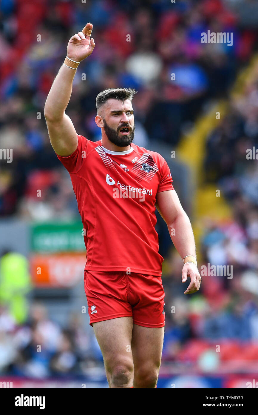 El 26 de mayo de 2019 , Anfield Stadium, Liverpool, Inglaterra; Dacia Magic Weekend, Betfred Super Liga Ronda 16, Leeds Rhinos vs London Broncos ; se Lovell (11) de Londres Broncos Credit: Craig Thomas/Noticias Imagenes Foto de stock