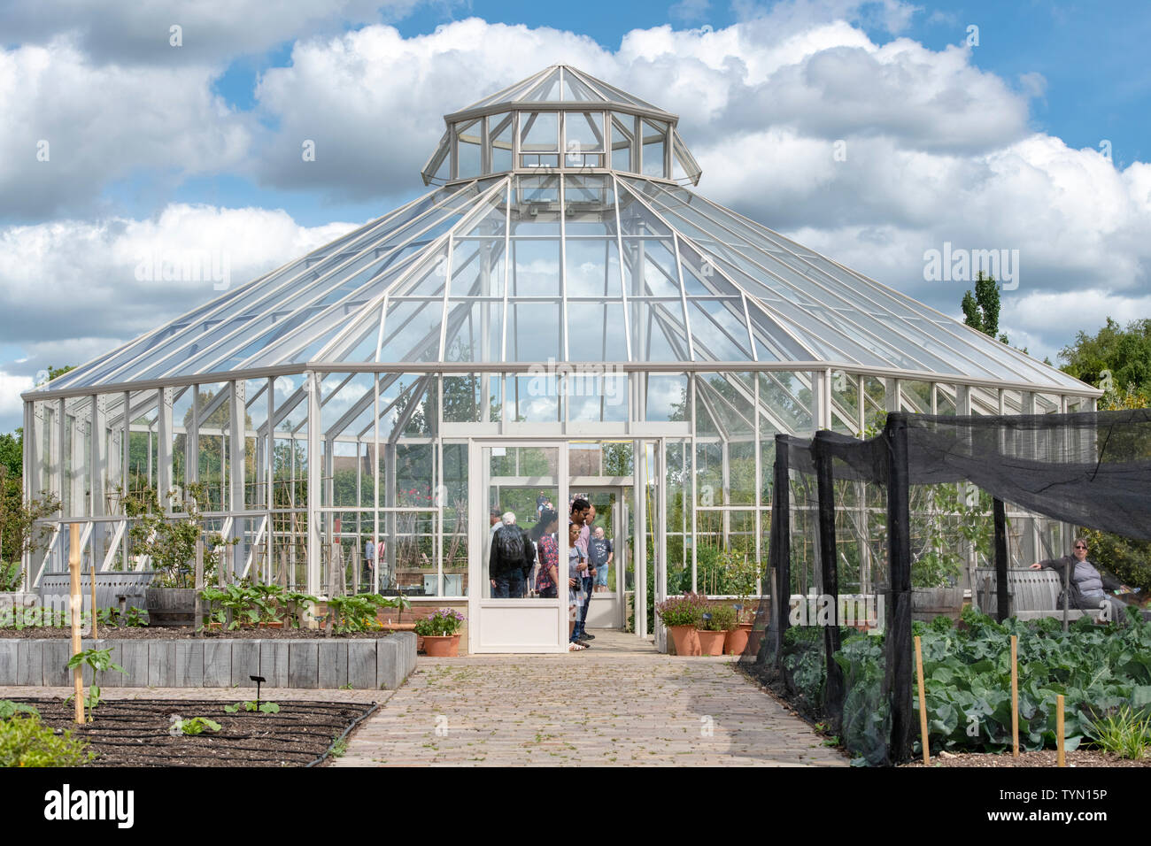 Invernadero octogonal en el crecimiento mundial RHS Garden Hyde Hall, Chelmsford, Essex, Inglaterra Foto de stock