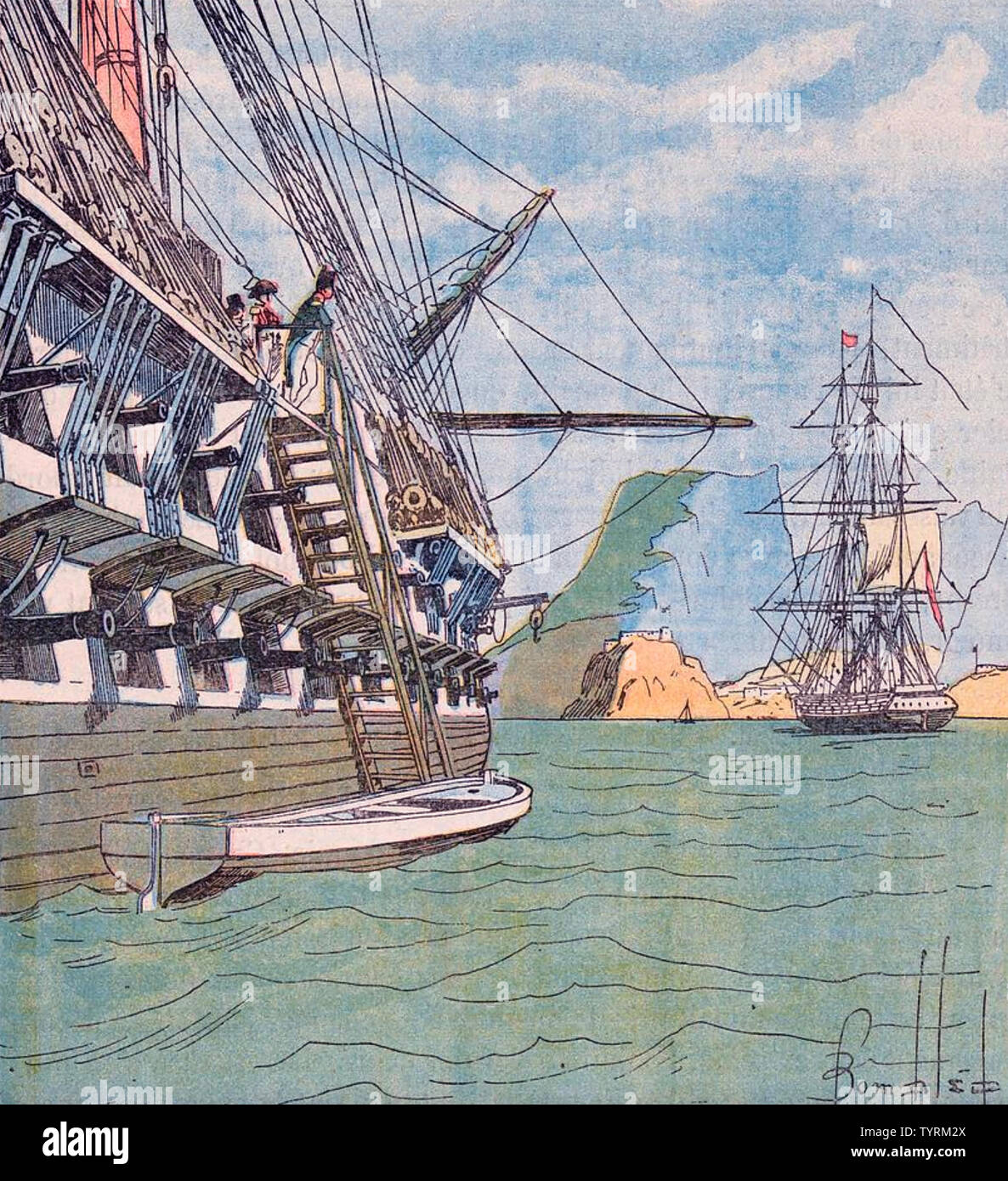 Napoleón es transportado a Santa Elena a bordo del HMS Northumberland en 1815 Foto de stock