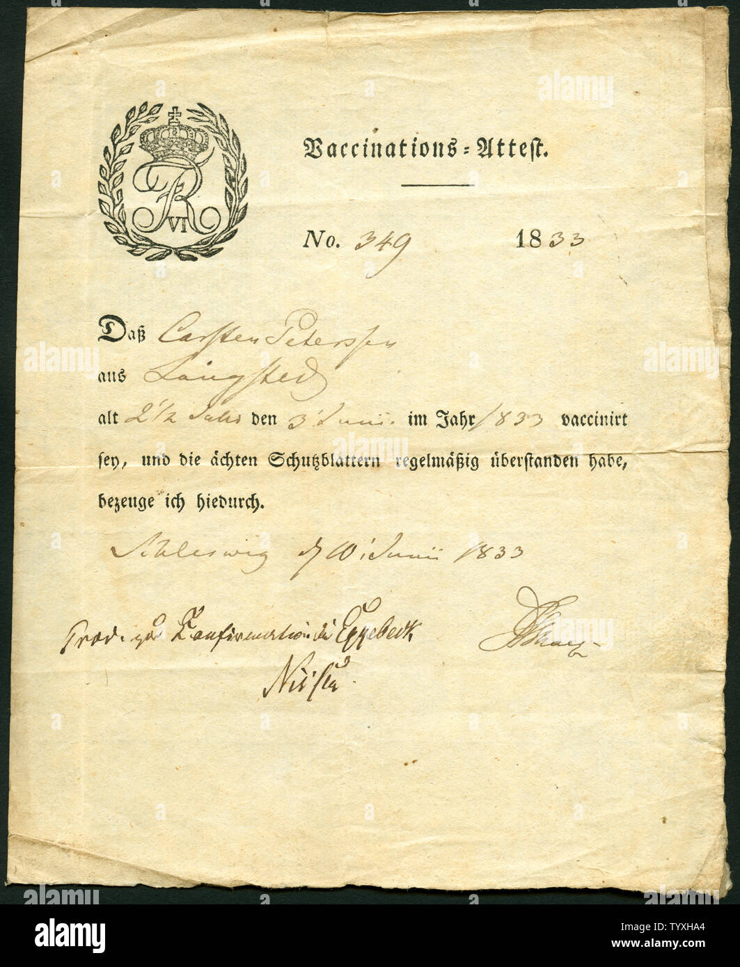 Europa, Deutschland, Schleswig-Holstein, Schleswig, Langstedt, Impfbescheinigung Vaccinations-Attest ( ) , ausgestellt für Carsten Petersen, 2 1/2 Jah Foto de stock