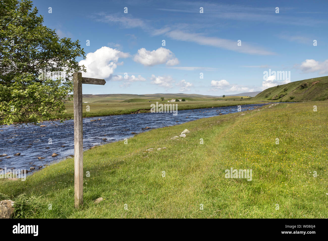 El Pennine Way y río Tees en Puente Cronkley en verano con Vía Apeninos puesto el dedo señalando hacia el norte al oeste, el bosque de Teesdale, Condado de Durham, Reino Unido Foto de stock